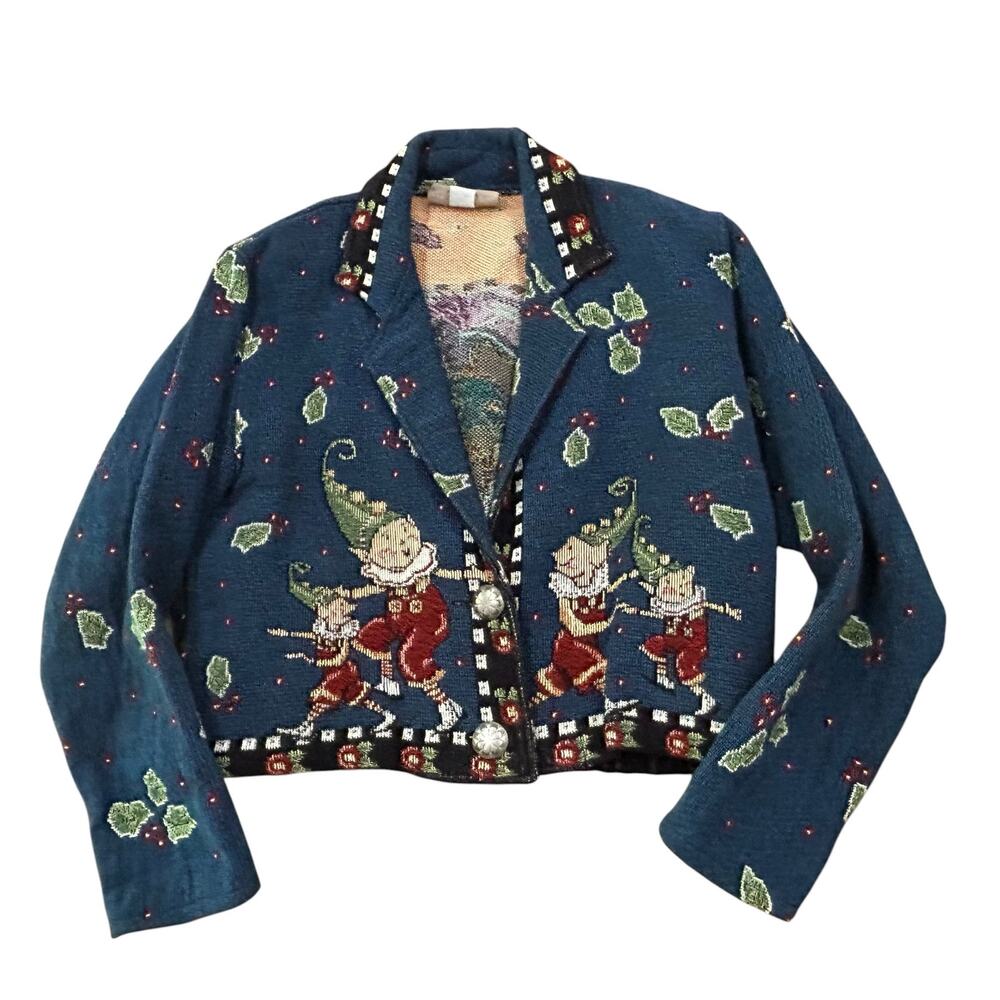 Vintage 90s Painted Pony Tapestry Christmas Jacket Elves Santa Workshop M -